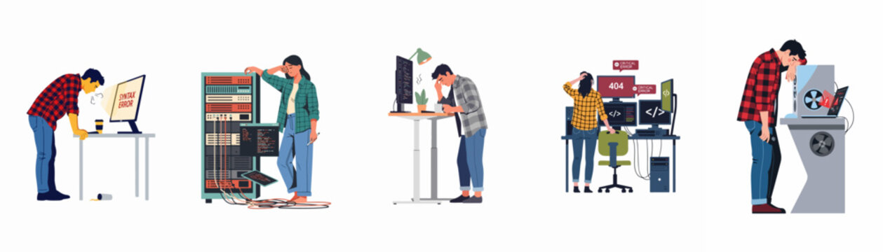 Set of exhausted IT professionals and programmers facing syntax errors, server failure, and workplace stress in a modern flat design illustration.