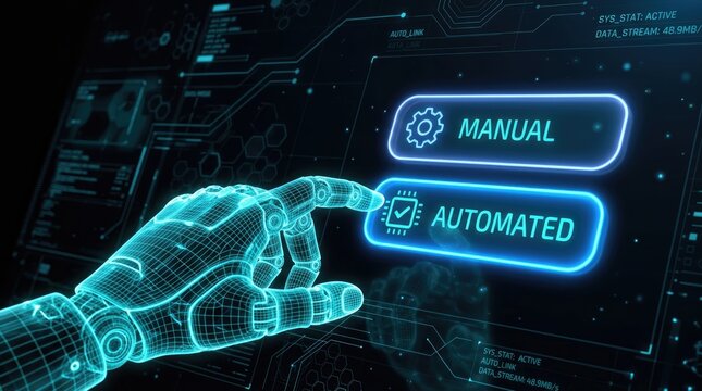 Robotic hand touching a glowing holographic interface to select the automated setting on screen display