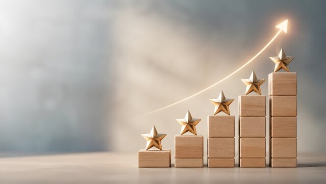 Five star rating quality improvement and business growth concept showing golden stars on wooden steps with upward rising arrow.