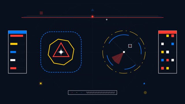 Digital HUD interface with radar scan and data visualization on dark background.