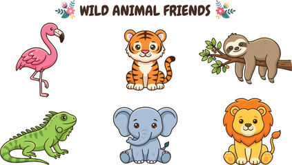 Obraz premium Cute Wild Animal Friends Cartoon Vector Collection Featuring Flamingo, Tiger, Sloth, Iguana, Elephant, and Lion for Kids Designs