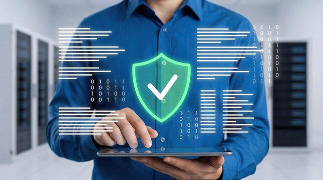 IT specialist using tablet to manage cyber security systems in server room, protecting data privacy with digital shield icon, network safety, firewall, antivirus software, encry...