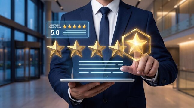Business executive holding tablet displaying five star customer satisfaction rating and positive feedback, illustrating excellent service quality, client review, reputation mana...