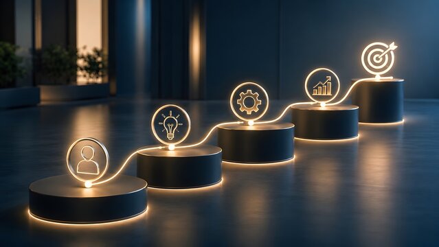 Digital business strategy progression and customer journey shown by glowing neon line connecting corporate milestone icons on podiums.