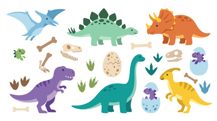 Colorful cartoon dinosaur and fossil vector set. © alex