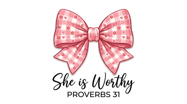 Pink checkered bow with floral and heart pattern and inspirational quote &ldquo;She is Worthy Proverbs 31,&rdquo; Christian faith and empowerment concept, vector illustration