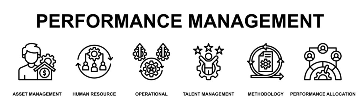 Performance Management Banner Web Outline Icon Vector Illustration Concept for Business with Icons of Asset Planning, Workforce Planning, Operations Excellence, Talent Development, Agile Method, Team