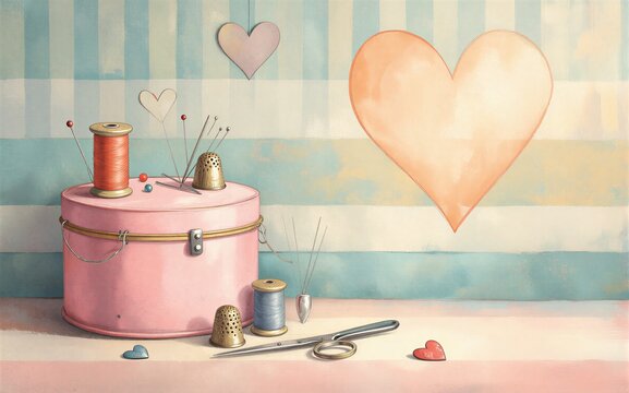 Pink sewing box with hearts, scissors and thread on striped background.