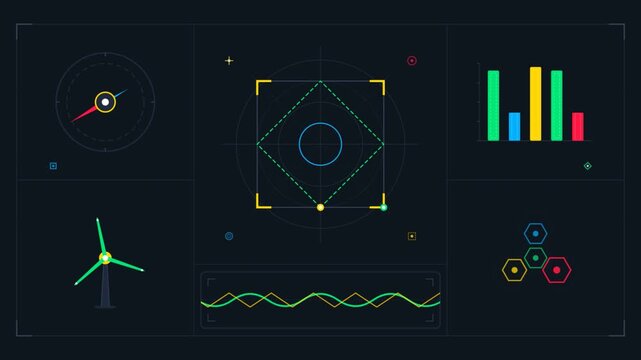 Animated digital HUD dashboard displaying renewable energy data and wind turbine metrics.