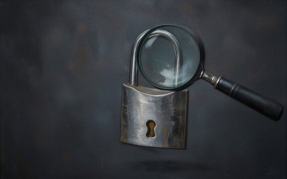 Magnifying glass hovers over padlock, symbolizing investigation into hidden secrets or security.