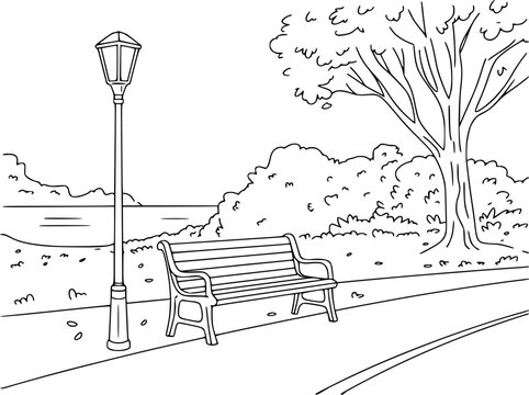 白い背景に湖畔のベンチと街灯と木を描いた公園風景
