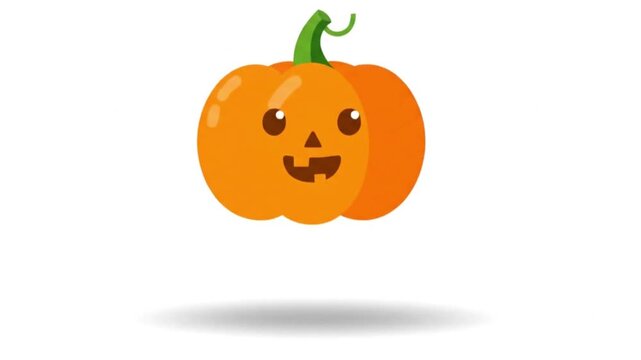 A high-quality 2D vector animation featuring an adorable orange Halloween pumpkin character. The animation displays a lively bouncing and hopping motion, dynamic squash-and-stretch effect, expression 