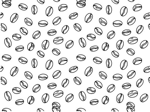 白い背景に手描きのコーヒー豆を並べたシームレスパターン