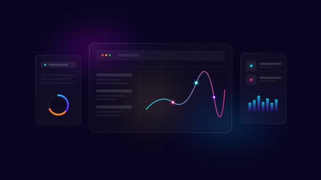 Abstract digital data dashboard showing financial growth charts on dark background.