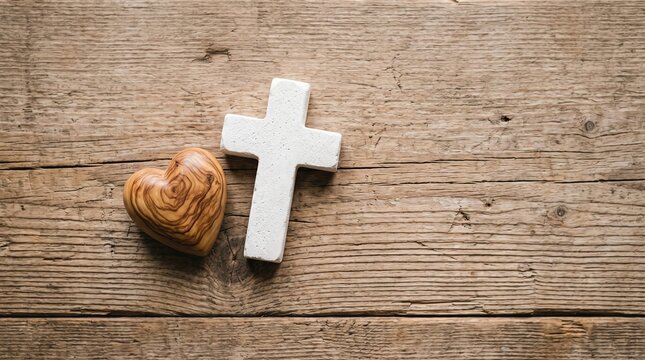 White stone cross and wooden heart symbol on rustic wood background with copy space