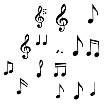 Musical notation set with grid-like arrangement on white background featuring treble clef, sharp, flat with notes and rests and black ink style