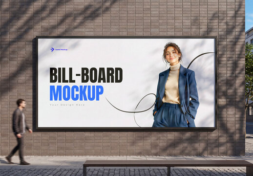 Outdoor Billboard Mockup on Brick Wall with Shadow
