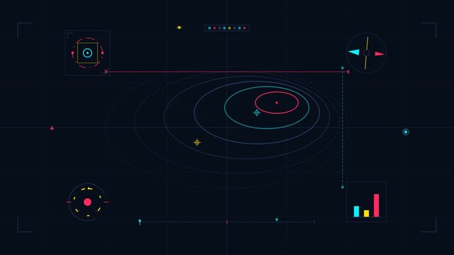 HUD UI digital interface with moving radar scanners and data charts