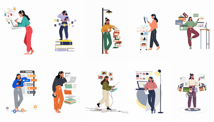 Fototapeta premium Set of modern illustrations depicting women working from home, studying online, and using various digital technologies in a relaxed home environment.