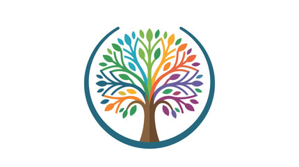 Obraz premium Colorful Tree of Life Symbol Illustrating Growth and Diversity with Rainbow Leaves Encased in a Circle