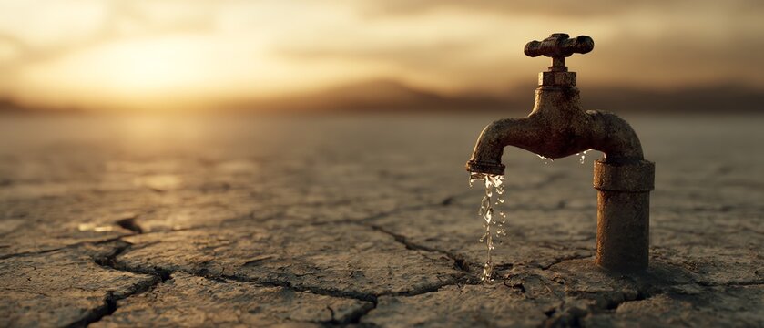 A faucet drip on dry cracked earth.
