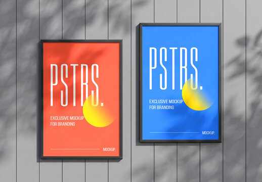 Vertical Poster Mockup Set on Slatted Wall