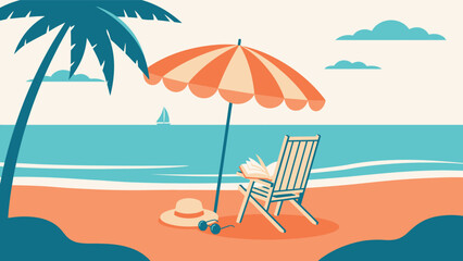 Summer beach scene with striped parasol and lounge chair by the ocean umbrella vacation tropical seashore coastline © Sadia