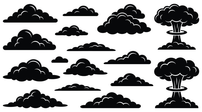 Set of cloud silhouettes. Vector collection of black weather icons and explosion shapes.