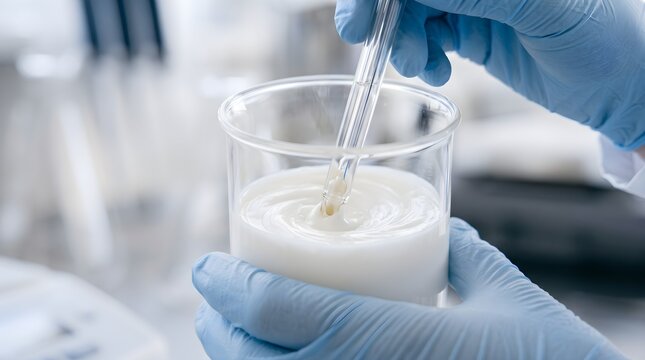 Cosmetic Chemist Hands Testing Skincare Emulsion pH Level with Glass Electrode Probe in Laboratory Beaker, Macro Quality Control