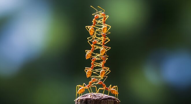 Red ants linking together in perfect vertical tower rising from small base against soft blurred green background. Teamwork and unity concept
