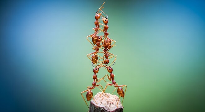 Red ants linking together to build a tall vertical tower standing on small stone against soft gradient background. Teamwork nature concept
