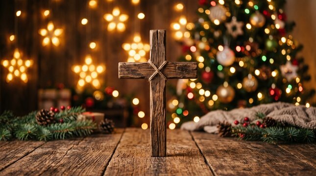 Spiritual reflection during the Christmas season, featuring a wooden cross on a rustic table with festive holiday lights