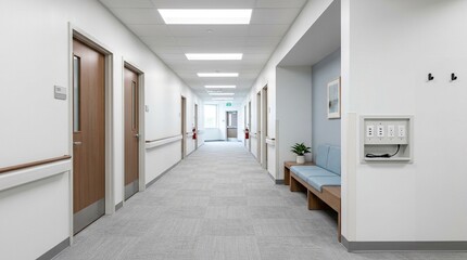 Fototapeta premium Clinic corridor fitted with a rest area featuring a low bench and phone charging station