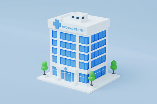 Healthcare Infrastructure, Hospital Services, Patient Care, Medical Access And Urban Wellness Concept. Isometric Medical Center Building With Blue Windows And Trees On Blue Background. 3d Rendering