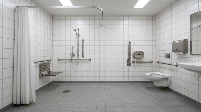 Accessible clinic restroom with grab bars and a roll-in shower area