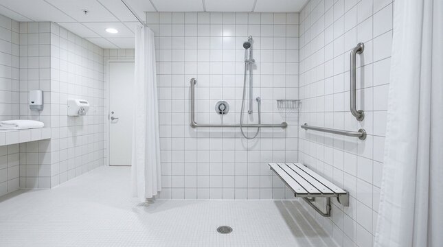 Accessible clinic shower room with a fold-down bench and grab bars