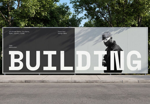 Large Roadside Billboard Hoarding Mockup with Tree Shadow