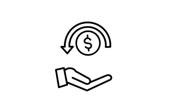 Cashback icon featuring coin, arrow, and open hand. Symbol representing money return, savings, and customer rewards.