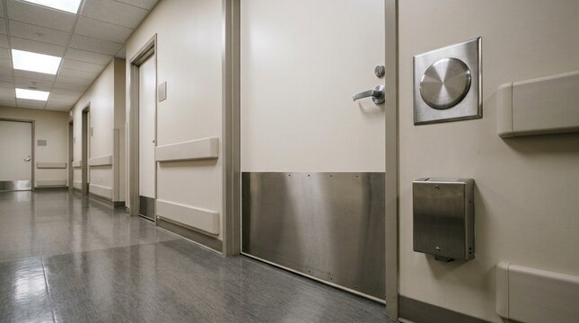Exam room door fitted with a wide automatic swing plate and push button