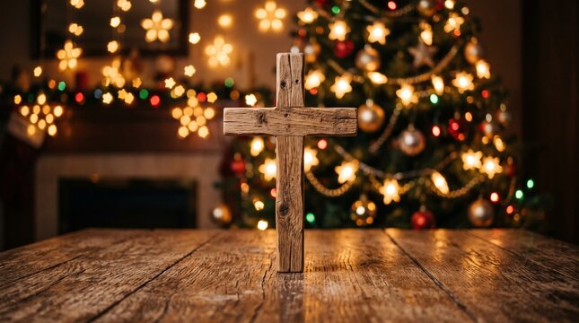 Wooden Christian Cross Placed on a Rustic Table Before a Glowing Festive Christmas Tree Background