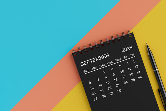Black Flip Monthly September 2026 Business Calendar with Black Pen. 3d Rendering