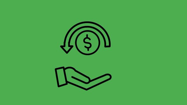 Cashback icon featuring coin, arrow, and open hand. Symbol representing money return, savings, and customer rewards.
