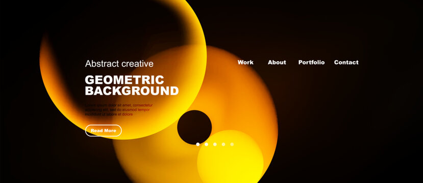 Dark background features vibrant orange shapes, text, navigation menu. Design promotes creativity, geometric patterns, modern aesthetic.