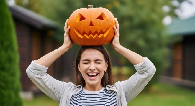 Happy woman holding a carved pumpkin over her head outdoors