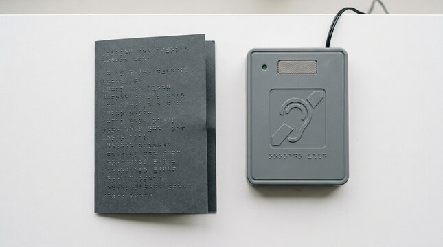 Counter-height induction loop unit beside a folded braille menu
