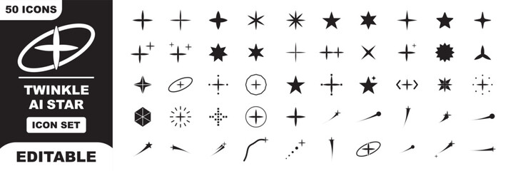 Twinkle AI star icon set, sparkle and twinkle starburst vector elements. Retro futuristic Y2K glitter shape, cosmic shooting star magic flat glyph assets. Sparkle star icon set. simple ai star burst © Hike Studio 2