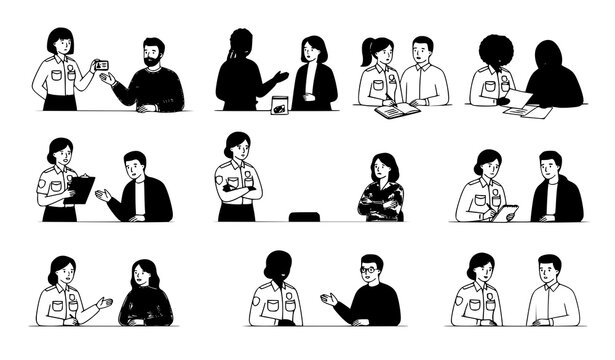 Policewoman Interviewing Suspect And Witness Set Law Enforcement Character Vector Illustration On White Background