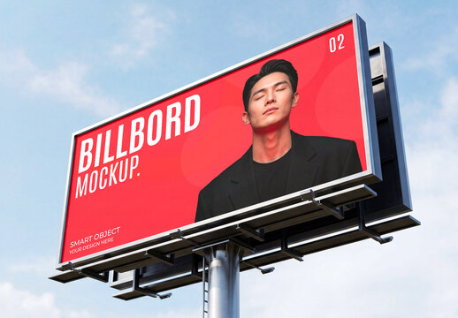 Large Outdoor Pole Billboard Mockup with Sky