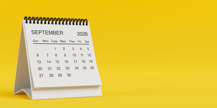 White Desk Monthly September 2026 Business Calendar. 3d Rendering