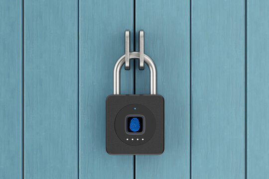 Biometric Security, Keyless Access, Identity Authentication, Property Protection And Smart Home Privacy Concept. Fingerprint Padlock Securing Blue Wooden Doors. 3d Rendering